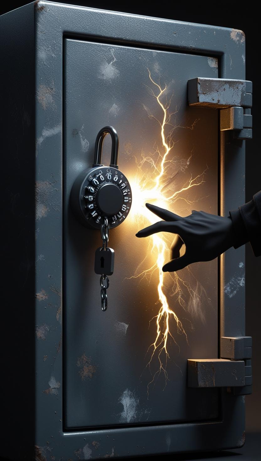 cria um cofre com uma luz saindo de dentro simbolizando esperança e do lado de fora mãos sombrias do governo manipulando o sistema cofre e capa preta com tons sutis e cadeados violados